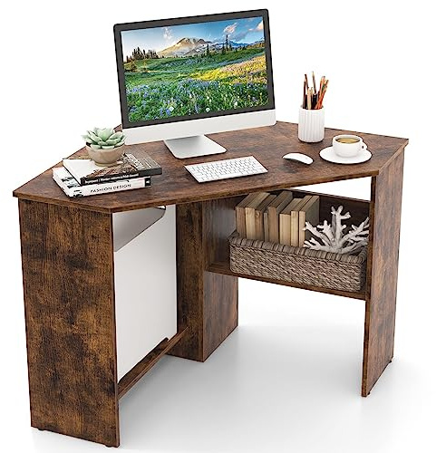 SFAREST Corner Computer Desk with Shelves, 90° Triangle Wooden Study Writing Table Cable Management Holes, Space Saving Compact Study Workstation for Bedroom Living Room Office (Brown)