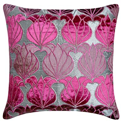The HomeCentric Entwerfer 2 Stück, 55x55 cm sofakissen, Silber sofakissenbezuge, Blumen Samt Applique kissenhullen, Seide Platz sofakissen, Blumen zeitgenossisch Sofa kissenbezuge - Fuchsia Lotus