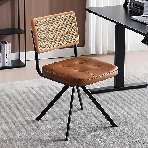 Zesthouse Rattan Desk Chair No Wheels, Mid Century Modern Home Office Chair with Cane Mesh & Wooden Back, Vintage Faux Leather Swivel Accent Chair, Upholstered Armless Computer Task Chair,Brown