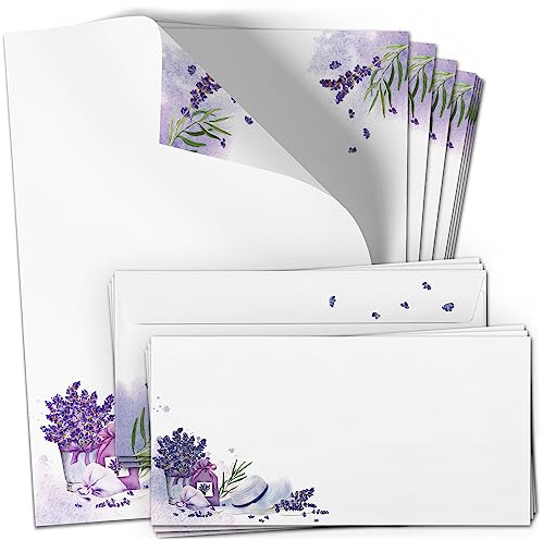 10 Briefpapier und Briefumschlag Set | Lavendel Blumen Lila Sommer Frankreich | Schreibpapier A4 & Umschlag DIN Lang | Design Papier