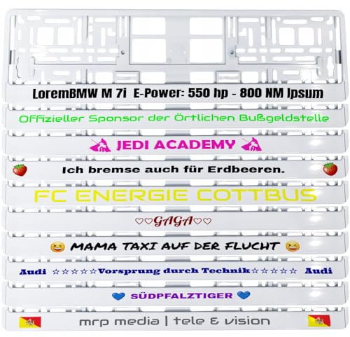 2 Stück Kennzeichenhalter Weiss Hochglanz mit Wunschtext Beschriftung Werbung Spruch Bedruckt