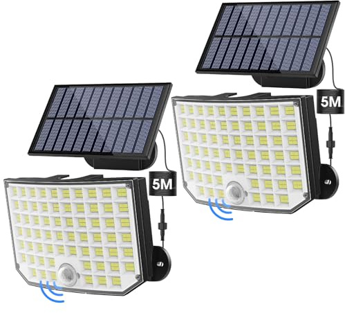 Ortiny Solarlampen für Außen, Solarstrahler mit Bewegungsmelder, 256 LEDs Solar mit Bewegungsmelder, 3 Modi IP65 wasserdicht, 180° Ausleuchtungswinkel, mit 5 m Kabel, Außenleuchte für Terrasse/Garage
