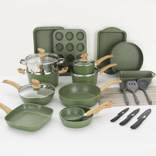 Kitchen Academy Topfset 30-teiliges Induktions-Kochgeschirr-Set mit Glasdeckeln und Granitbeschichtung inkl. Pfannen und Töpfe (Grün 30 tlg)