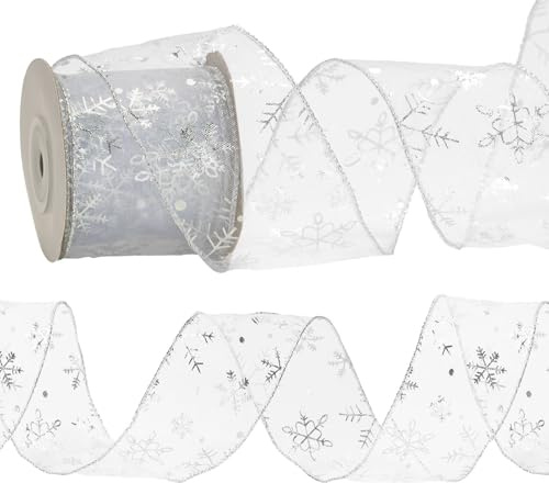 KINGLAKE 10M Geschenkband mit Draht Silber, Schneeflocke Organzaband, Weihnachtenband 6.3cm, Schleifenband Breit, Drahtband Glitzer, Band für Dekoratives Geschenk, Kranz, Handwerk, Weihnacht