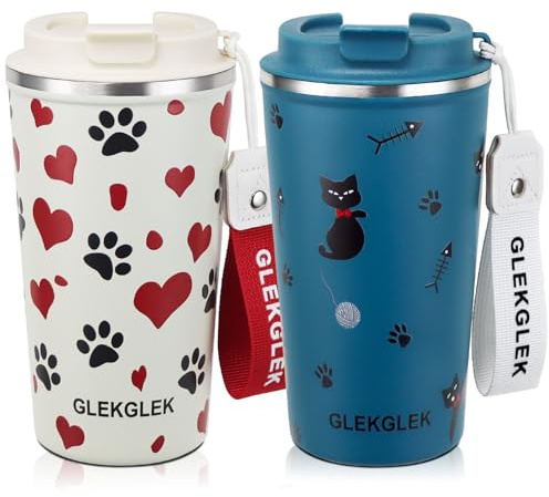 GLEKGLEK Travel Coffee Mugs 500ml, Double Walled Insulated Drink Cup 2 Pack, Cat and Dog Print for Him Her