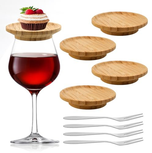 KATIMI 4 piezas de copa de vino de bambú para charcutería, copa de vino, copa de vino, posavasos con 4 tenedores de frutas de acero inoxidable, para aperitivos, postres, hogar, restaurantes, bares