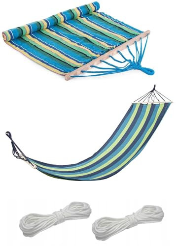 Hängematte | Stabhängematte | 200 x 80 cm | belastbar bis 150kg | Baumwolle | gestreift blau grün | Mehrfarbig | für Garten | Balkon | Terrasse | Camping-Hängematte | Hammock