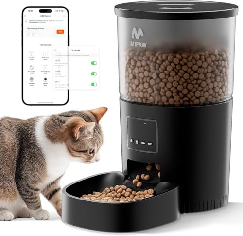 IMIPAW Automatic Cat Feeder, 5G & 2.4G WiFi Auto Dry Pet Food Dispenser | App Control, Programmable Timer, Dual Power Supply, up to 10 Meals per Day, Slow Feeder for Cats & Small Dogs