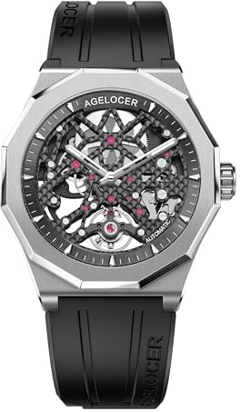 AGELOCER Automatic Mechanical Movement Watches, Skeleton Men Business Watch Rubber Strap Luminous Men Stainless Steel Wristwatch