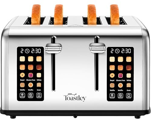 Toastley Smart Toaster 4 Slice with Dual Screen Touch Control. 4 Slice Toasters Wide Slots, Extra Lift, Auto Shutoff, Timer, Toast, Defrost, & Reheat Functions, 1760W, Silver