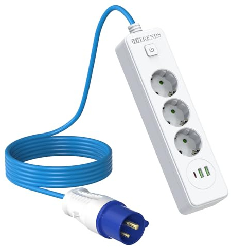 CEE förlängningskabel 5 m IP44 [16 A/10 A 2500 W] – 3 uttag och 2 USB-A och 1 USB-C, blå, för husbil, husvagn, camping, båt – vattentät strömkabel med strömbrytare
