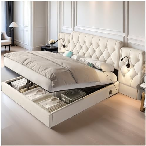 Wyibwy Cama de matrimonio, 180 x 200 cm, con cabecero largo, 2 puertos USB, lámpara de mesa, fontanería, cajón de almacenamiento inferior, terciopelo, beige (sin colchón)
