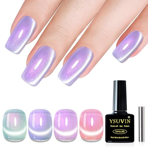 YSUVIN UV Nagellack Cat Eye, 4 Farben Rosa Lila Blau Grün Meerjungfrau Cat Eye UV Gel mit Magnet Soak-Off Gel Nagellack für Anfänger DIY Nail Art Maniküre Salon, 8 ML