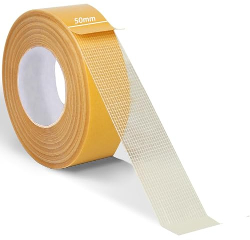 Double Sided Tape 50mm x 20m, Heavy Duty Double Sided Sticky Adhesive Transparent Tape with Fiberglass Mesh, Strong Wall Adhesive Tape for Carpet, Floor, Mat, Craft, Office, Home, Kitchen, Party, Car
