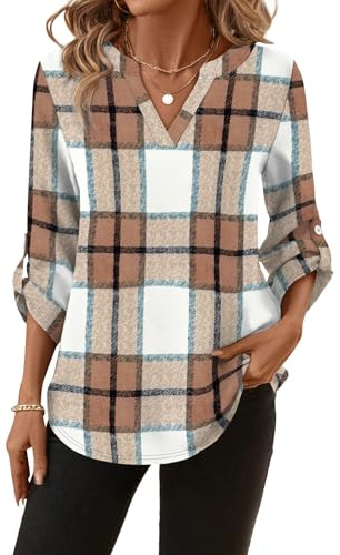 WIHOLL Womens Tops 3/4 Sleeve UK Checked Shirts V Neck Blouses Fall Business Casual Size 22-24