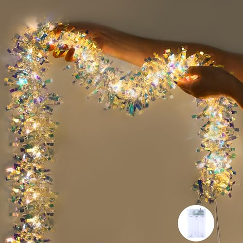 Joytry Christmas Tinsel Garland Iridescent Metallic Foil Garland Battery Powered String Lights 6.5FT, Shiny Reflective Streamers for Christmas Tree, Holiday Indoor New Year Party Decorations 1 Pack