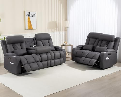 Neptane Zero Wall Hugger Power Reclining Sofa Set with Adjustable Headrest, Electric Reclining Couch with Drop-Down Table,Outlets, Power Loveseat Recliner Sofa for Living Room (Gray, Sofa+Loveseat)