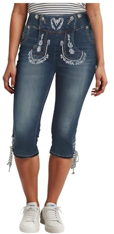 Trachtenjeans Damen 3/4 Trachten Jeans Stretch Lederhose Tracht Kurze Hose Lederhosen Kniebund Hosen Oktoberfest Capri Trachtenhose Kniebund Trachtenjeans Lederhos en-Look Knieb und lang Oktoberfest
