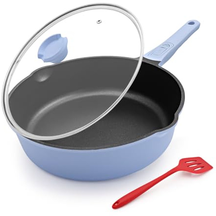 Bobikuke Pfanne 24cm mit Deckel, Aluminium Bratpfanne Hoher Rand -Blau | mit Abnehmbarer Griff, Schmorpfanne 24 cm für alle Herde|Anti-Kratzer|Antihaft