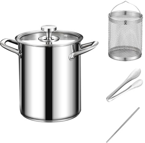 MOYIDUE Pentola per friggitrice, pentola per Pasta in Acciaio Inox, pentola Multiuso con cestello e Coperchio, per friggere, zuppe, Pasta, Verdure, Compatibile con l'induzione, Facile da Pulire