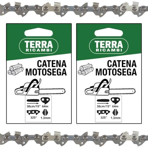 Set 2 Catene Motosega 325” 1.3mm – 64 Maglie per Barra 38cm/15 – Basso Contraccolpo, Alta Durata – Qualità Tedesca Terra Ricambi – Per Uso Agricolo, Forestale e Fai da te.