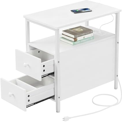 Tavolino Relaxdays con Prese elettriche, USB, 2 cassetti, H x L x P: 61 x 35 x 60 cm, Comodino angolare, Bianco