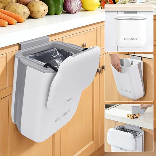 BELICOO Kitchen Bin 10L, Foldable Food Waste Bin with Lid, Hanging Food Waste Caddy with 1 Bin Liners, Kitchen Compost Bin Under Sink Plastic Garbage Can for Cupboard Door Cabinet Camping Bedroom