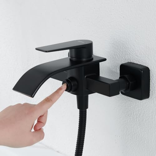 Kelleria Robinet Baignoire Cascade Noir - Mitigeur Monocommande Mural en Laiton avec Bouton Poussoir pour Baignoire et Douche - Montage Facile avec Accessoires - 2 Sorties pour Bain