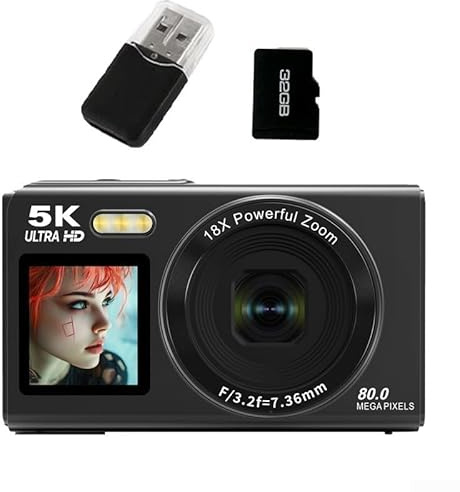 BlesConi Fotocamera digitale compatta con zoom 18x, selfie a doppio schermo e registrazione video con connettività WiFi (nero 32G)