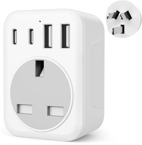 5 IN 1 UK to Australia Plug Adapter, 2500W New Zealand Travel Adapter with 2 USB C & 2 USB A,Type I Plug Adapter for Australia China Fiji Argentina