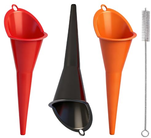 Oil Funnel for Car – 3 PCS Long Neck Plastic Funnel Set with Cleaning Brush, Flexible Petrol Funnel for Engine Oil, Fuel, Water, Diesel & Lubricants, Automotive Oil Funnel for Garage Car Motorcycle