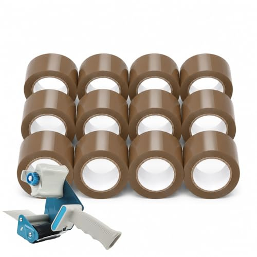 FRENAL Lot de 12 Rubans Adhésifs Marron 75 mm x 66 m, 28 Microns, Ruban d’Emballage Large pour Cartons Volumineux, Expédition et Stockage, Dévidoir Métallique Inclus