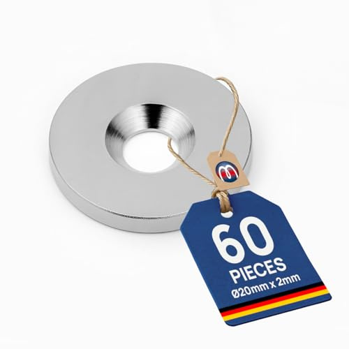 60 x Metallscheiben mit Bohrung und Senkung - Ø20mm x 2mm - aus Stahl (DC01) verzinkt - Metallplättchen rund mit Loch (Senkbohrung) - Gegenstück/Haftgrund für Magnete, Menge: 60 Stück