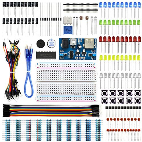 REXQualis Electronics Basic Kit w/Power Supply Module, Breadboard, Jumper Wire, LED,Resistor, comes with more than 300pcs sensors and components for fun and simple electronic projects.
