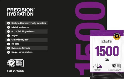 Precision Hydration Electrolyte Powder Packets - No Artificial Ingredients, Multi Strength Hydration Packets - Individual Waterproof Servings - Gluten/Dairy Free (1500mg/l - Purple, Pack of 8)