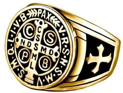 BOBIJOO Jewelry - Bague Chevalière Homme Croix Saint Benoît Protection Démon Acier Plaqué Or Noir - 75 (15 US)