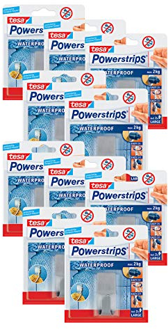 tesa Powerstrips Waterproof Haken Zoom Metall - Wasserfester Klebehaken aus Edelstahl für Badezimmer und Dusche (10 Haken)