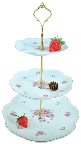 YBK Tech Plateau de service à 3 étages en porcelaine et céramique - Motif floral