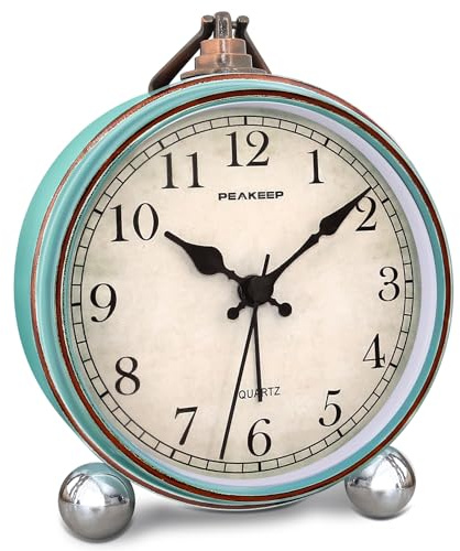 Peakeep 4 Small Battery Operated Antique Retro Analog Alarm Clock for Room Decor, Silent Elegant Bedside Desk Table Gift Clock