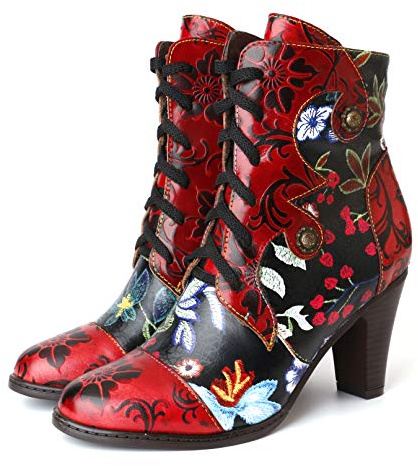CrazycatZ Womens Leather Ankle Boots Block Heel Bohemian Splicing Pattern Colorful Bootie