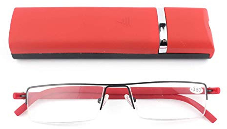 KoKoBin Occhiali da lettura ultra leggeri TR90, da uomo e da donna, in metallo, per la vista, con custodia e panno per la pulizia degli occhiali, Colore: rosso, +3.25