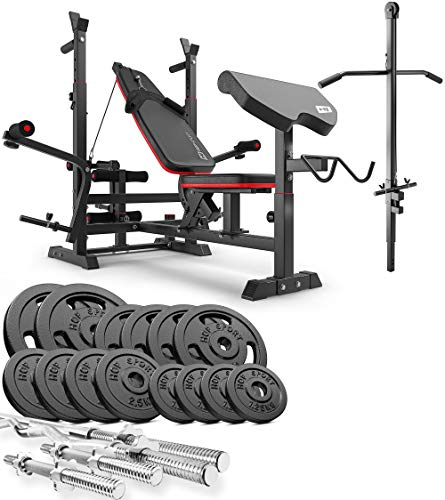 Hop-Sport Hantelbank Kraftstation HS-1075 mit Curlpult & Latzug inkl. Lang-, Curl- & Kurzhantel Gusseisen Gewichte 76kg bis 116kg (76kg)