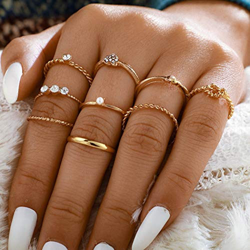 Ushiny Boho-Perlen-Fingerringe, Gold-Kristall-Ring-Set, Herz, Liebe, geschnitzte Ringe, stapelbar, Schmuckzubehör für Damen und Mädchen (9 Stück), Free Size, Metall