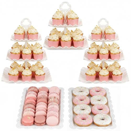 NWK 5 Piece Cake Stand Set with 2x 3-Tier Cupcake Stands + 3X Appetizer Trays Perfect for Wedding Birthday Baby Shower Thanksgiving Christmas New Year Party (Round)