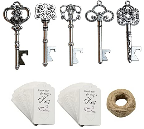 Yansanido Paquete de 50 abrebotellas de llave de esqueleto plateado con tarjeta de acompañante y cordel para recuerdos de boda, baby shower, regalos de regreso para invitados, recuerdos de fiesta