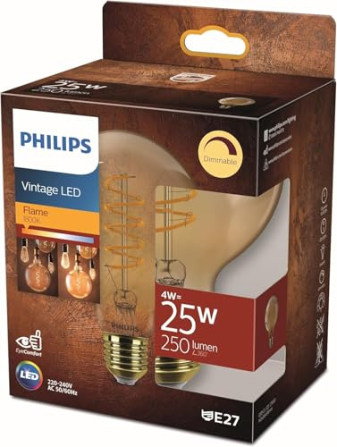 PHILIPS LED Classic E27 Vintage Lampe, 25 W, Vintage Dekolampe, Globeform, dimmbar, klar, gold, flame