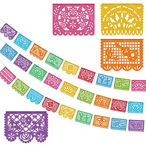 Kesote 3 Guirnalda de Banderines de Fiesta Mexicana para el Día de los Muertos Cinco de Mayo Cumpleaños Decoración Multicolor Banner de Papel Picado de plástico
