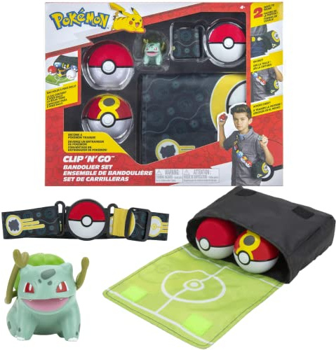 Pokemon Bandolier Tragetasche Clip and Go Gürtel Set Bulbasaur & Pokemon Bälle - 1x 5cm Pokemon Figur, 1x Gürtel, 2X Pokemon Ball & 1x Tragetasche - Neue 2022 - Offiziell Lizensiert Pokemon Spielzeug