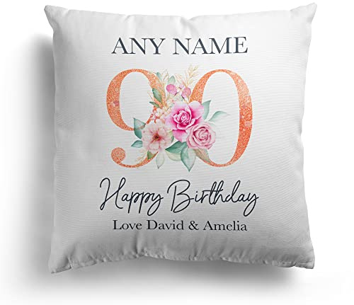 Personalised 90th Birthday Cushion Pillow Any Name Pink Floral Cover And Inner Scatter Cushions Throw Pillows Gift For Her Ladies Bedroom Happy Birthday Keepsake Decor (cover & inner)