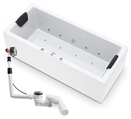 AQUADE Whirlpool Badewanne Wolfsburg Lux 180x80cm mit LED Whirlpool Beleuchtung, Badewannen Ablaufgarnitur und Überlaufgarnitur mit Zulauf & Badekissen für Badewanne Whirlpool